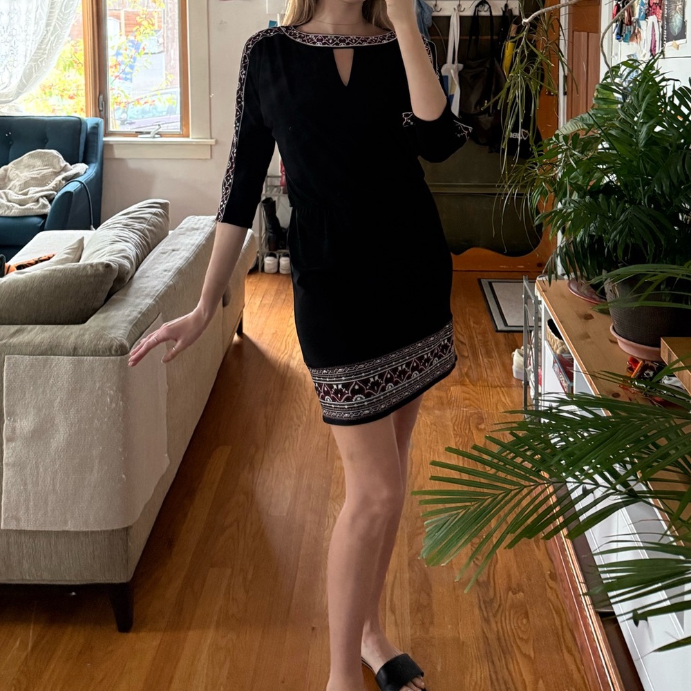 White House Black Market Black and White Long Sleeve Dress, with cutouts
